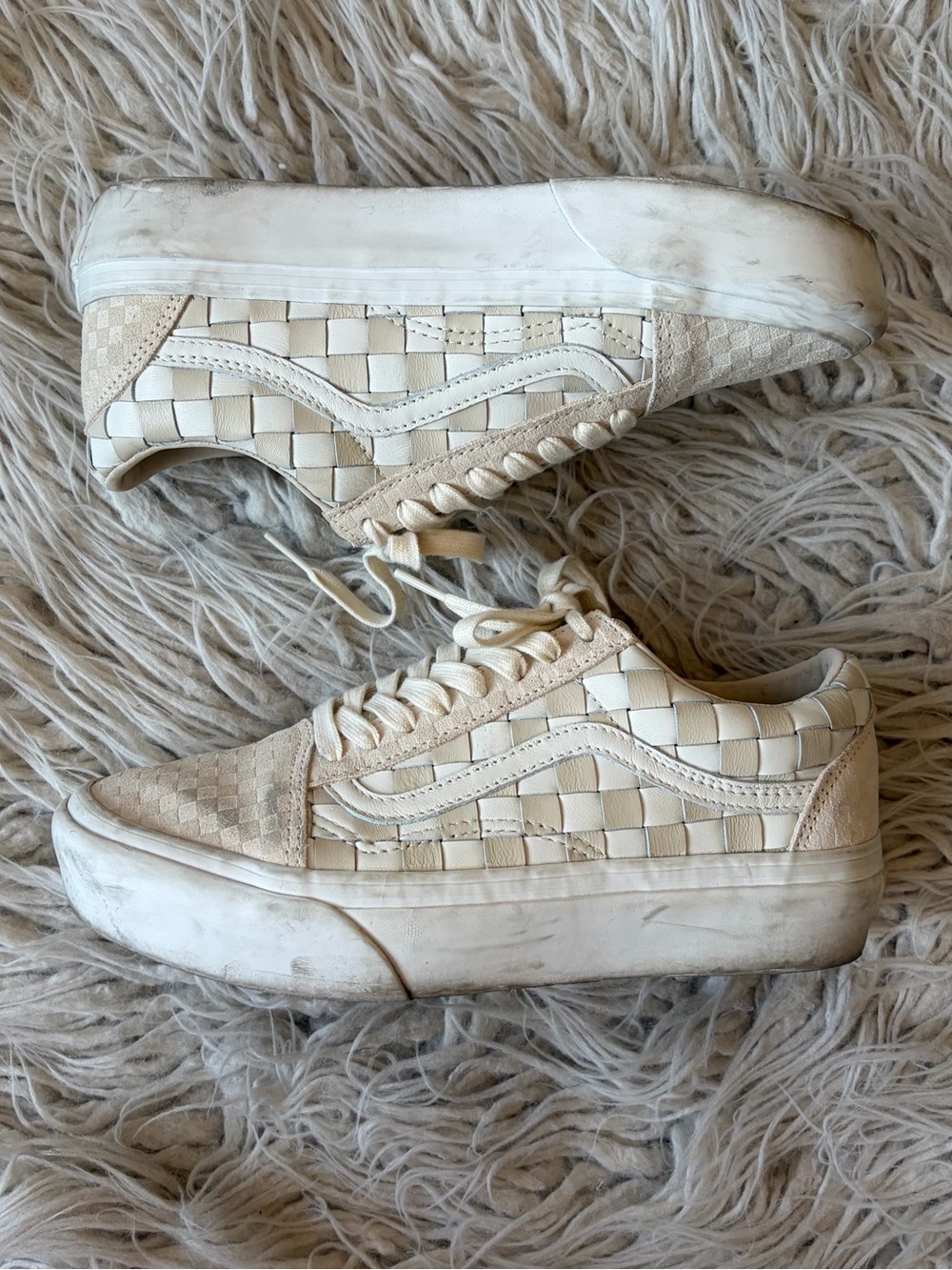 Vans Old Skool Platform Checkerboard Woven Lace Up Beige White Sneakers Shoes 8 - Picture 4 of 11